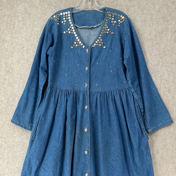 VTG Womens Studded Maxi Denim Dress Sz‎ LARGE Heart Buttons Long Sleeve V-Neck - Picture 3 of 11
